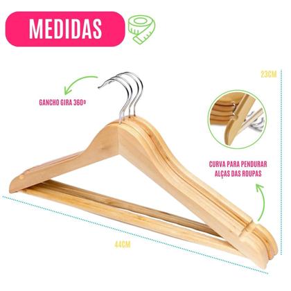 Imagem de Conjunto 6  Cabides Roupa Madeira Gancho Metal 360º Calça Armário Guarda-Roupa Organização Quarto Resistente