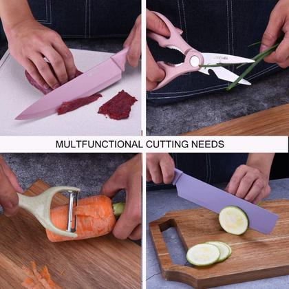 Imagem de Conjunto 6 peçs colorido frutas vegetais faca chef descascador de pão cozinha de aço inoxidável t