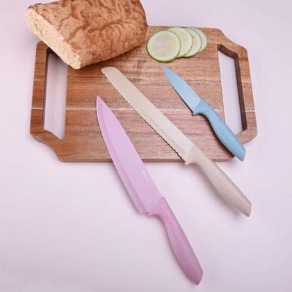 Imagem de Conjunto 6 peçs colorido frutas vegetais faca chef descascador de pão cozinha de aço inoxidável t