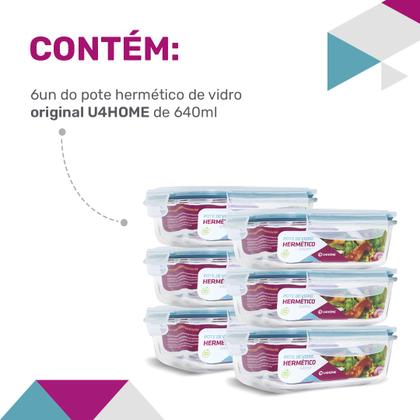 Imagem de Conjunto 6 Potes Vidro Hermético Marmita Mantimentos 640ml