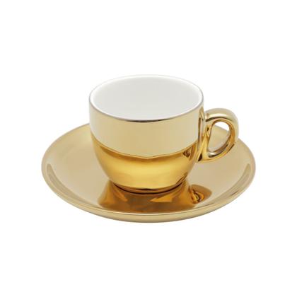 Imagem de Conjunto 6 xícaras 90 ml para café de porcelana branco/dourado com pires e suporte Versa Wolff - 18058
