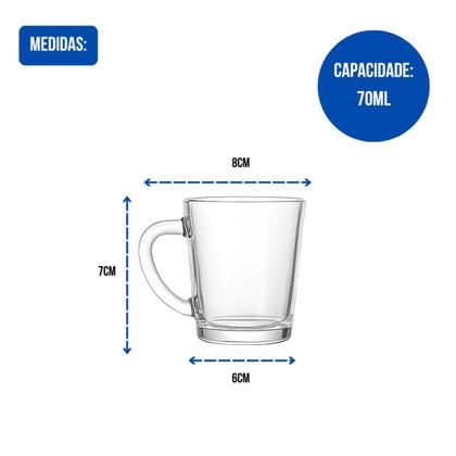 Imagem de Conjunto 6 Xícaras de Café, Chá, Cappuccino e chocolate de Vidro 70ml Jogo 6 xicaras com Alça
