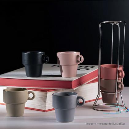 Imagem de Conjunto 6 Xícaras de Café Empilháveis de Cerâmica com Suporte Coloridas 90ml 29369 - Wolff