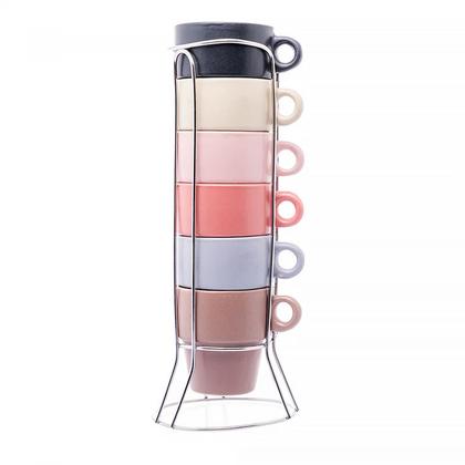 Imagem de Conjunto 6 Xícaras de Café Empilháveis de Cerâmica com Suporte Coloridas 90ml 29369 - Wolff