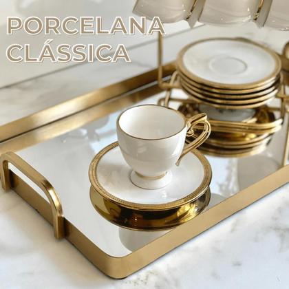 Imagem de Conjunto 6 Xícaras de Chá 200ml Paddy Com Pires Borda Dourada Porcelana Wolff