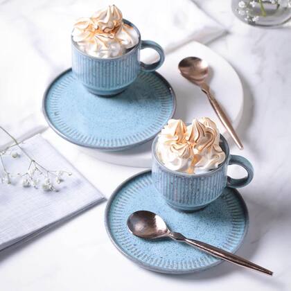 Imagem de Conjunto 6 Xícaras de Chá 230ml Empilhável com Pires Linhas Breeze Azul Mesa Posta Café da Manhã