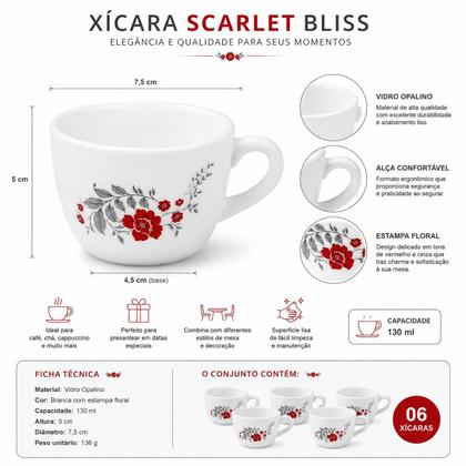Imagem de Conjunto 6 Xícaras Scarlet Bliss 130ml em Vidro Opalino Branco Floral para Café Chá e Cappuccino