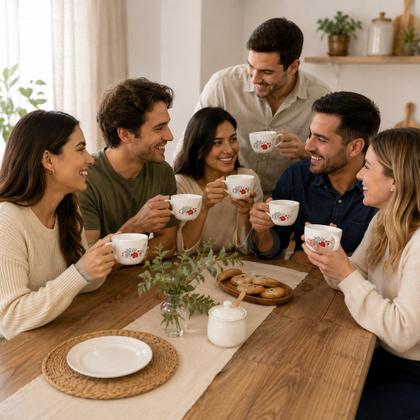 Imagem de Conjunto 6 Xícaras Scarlet Bliss 130ml em Vidro Opalino Branco Floral para Café Chá e Cappuccino