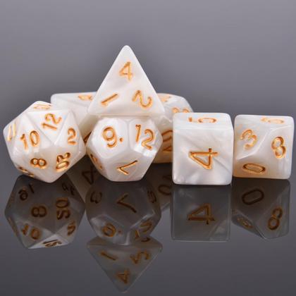 Imagem de Conjunto 7 Dados Rpg D&d Branco Dourado Marmorizado 1 Bolsa
