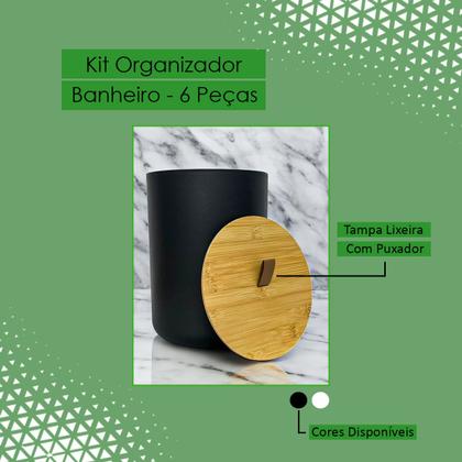 Imagem de Conjunto Acessórios Saboneteira Dispenser P/ Banheiro 6 Peças Lavabo Decoração Lixeira Tampa Fechada Bambu