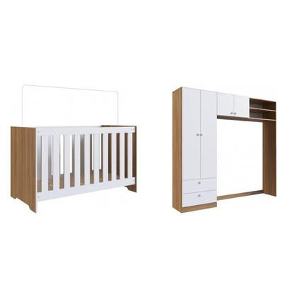 Imagem de Conjunto Aconchego Berço Americano c/Colchão e Guarda Roupa - Branco/Nogal