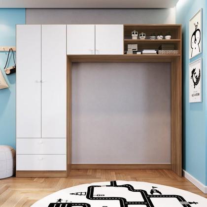 Imagem de Conjunto Aconchego Berço Americano c/Colchão e Guarda Roupa - Branco/Nogal