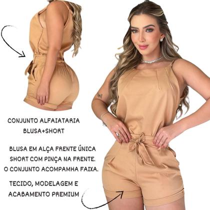 Imagem de Conjunto Alfaiataria Feminino Liso Casual Short Com Faixa e Blusa (Cor Nude)