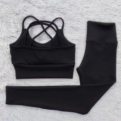 Imagem de Conjunto Ana Ruga Texturizado Para Academia Calça Legging Cintura Alta e Top Alças Cruzadas Com Bojo