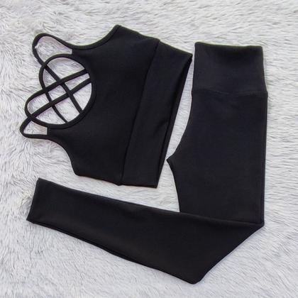 Imagem de Conjunto Ana Ruga Texturizado Para Academia Calça Legging Cintura Alta e Top Alças Cruzadas Com Bojo