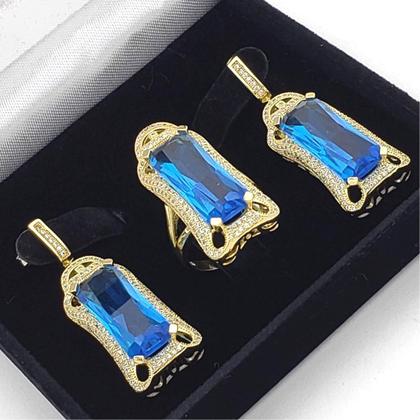 Imagem de Conjunto Anel E Brincos Cristais Azul Topázio Cravejado Zirconias Banho Ouro 18k 2389 2390