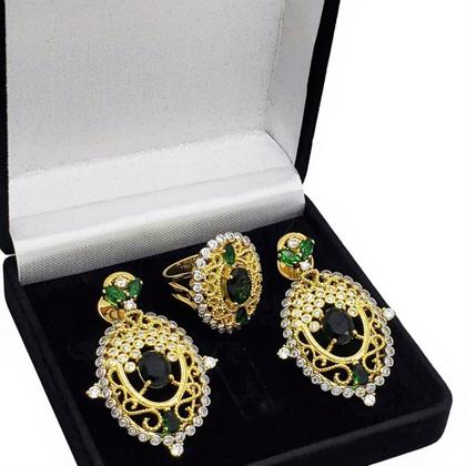 Imagem de Conjunto Anel e Brincos Verde Esmeralda Rendado Zirconias Banho Ouro 18k 3499 3500