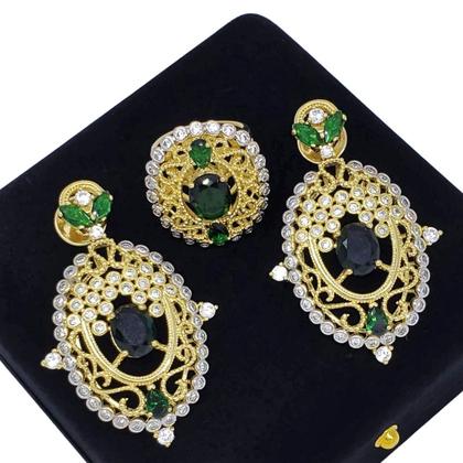 Imagem de Conjunto Anel e Brincos Verde Esmeralda Rendado Zirconias Banho Ouro 18k 3499 3500