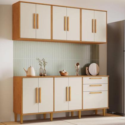 Imagem de Conjunto Armário Aéreo e Balcão Lorena 11 Portas 2 Gavetas Nature Off Kaiki Móveis