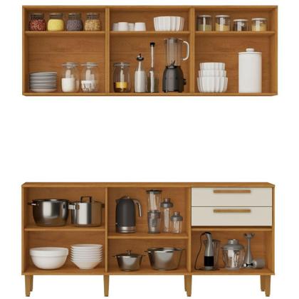 Imagem de Conjunto Armário Aéreo e Balcão Lorena 11 Portas 2 Gavetas Nature Off Kaiki Móveis