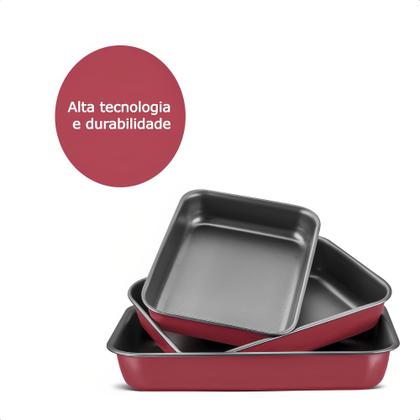 Imagem de Conjunto Assadeira 3 Peças De Alumínio Com Revestimento Antiaderente Cristal Superflon Vermelho Cereja MTA - 8810