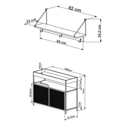 Imagem de Conjunto Balcão Buffet Café Bar 100Cm 2 Portas York E Prateleira 90Cm - Trama Aço Expandido Industrial Artesano