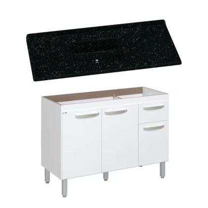 Imagem de Conjunto Balcão De Cozinha Com Pia Mármore Sintético 2 Porta Branco
