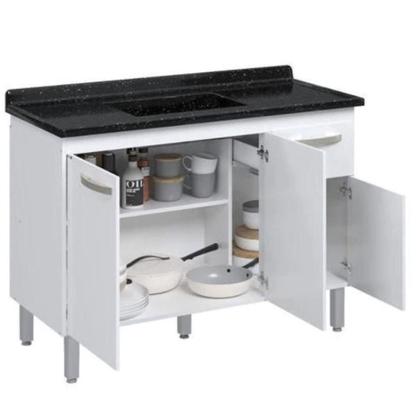 Imagem de Conjunto Balcão De Cozinha Com Pia Mármore Sintético 2 Porta Branco