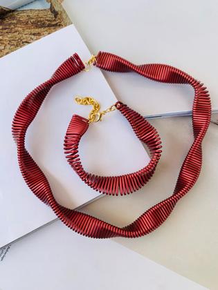 Imagem de Conjunto banhado cherry cereja vermelho tendencia inverno colar e pulseira trançado Choker