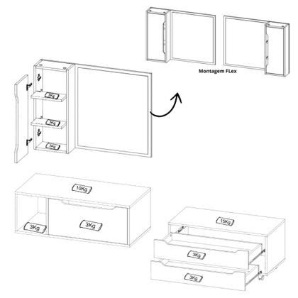 Imagem de Conjunto Banheiro com Gabinete Suspenso 1 Gaveta Espelheira Armário com Rodízio Tecno Mobili