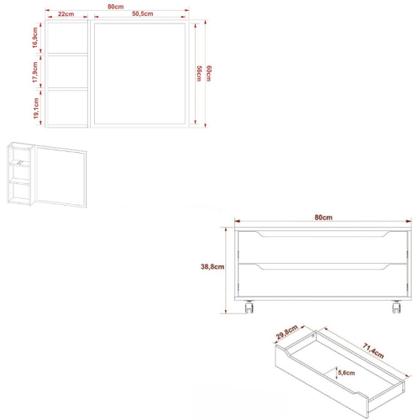 Imagem de Conjunto Banheiro com Gabinete Suspenso 1 Gaveta Espelheira Armário com Rodízio Tecno Mobili