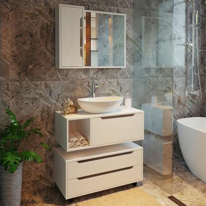 Imagem de Conjunto Banheiro com Gabinete Suspenso 1 Gaveta Espelheira Armário com Rodízio Tecno Mobili