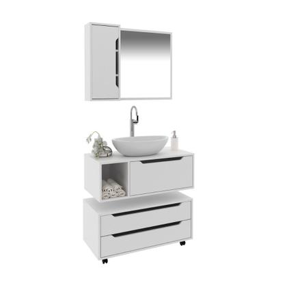 Imagem de Conjunto Banheiro com Gabinete Suspenso 1 Gaveta Espelheira Armário com Rodízio Tecno Mobili