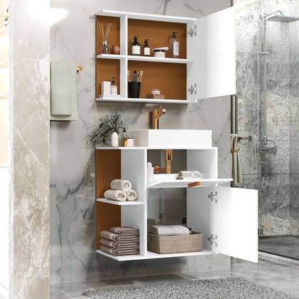 Imagem de Conjunto Banheiro Espelheira e Armario Argos com Cuba cor Off White / Nature - Comprar Móveis em Casa