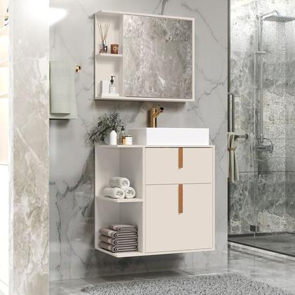 Imagem de Conjunto Banheiro Espelheira e Armario Argos com Cuba cor Off White / Nature - Comprar Móveis em Casa