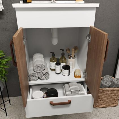 Imagem de Conjunto Banheiro Gabinete Com Pés 50cm Lavatório e Armário Allegra B06 Branco Carvalho - Lyam Decor
