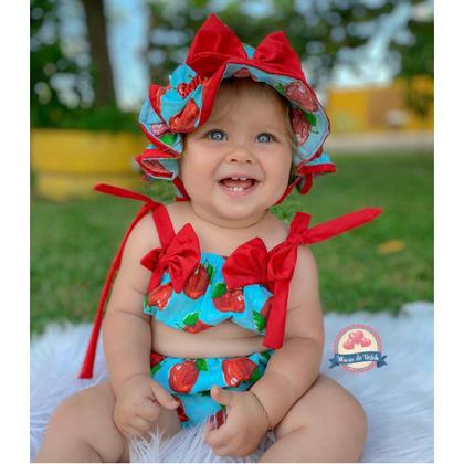 Imagem de Conjunto Banho De Sol Moda Praia Bebe Bunda Rica Croped + Chapeu + Calcinha Biquini