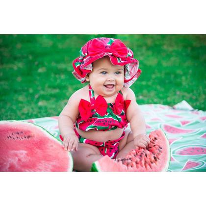 Imagem de Conjunto Banho De Sol Moda Praia Bebe Bunda Rica Croped + Chapeu + Calcinha Biquini