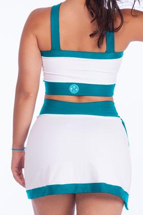 Imagem de Conjunto Beach Tennis Bicolor Tecido leve Canelado Short Saia Cintura Alta Top Em X Com Bojo