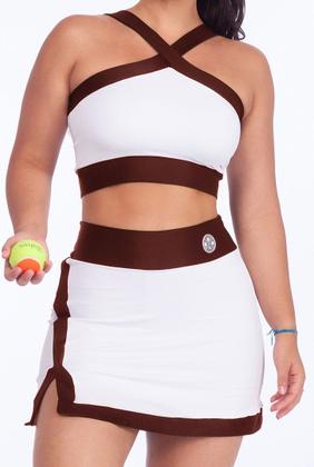 Imagem de Conjunto Beach Tennis Bicolor Tecido leve Canelado Short Saia Cintura Alta Top Em X Com Bojo