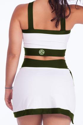 Imagem de Conjunto Beach Tennis Bicolor Tecido leve Canelado Short Saia Cintura Alta Top Em X Com Bojo