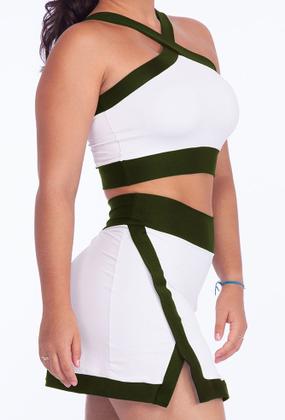 Imagem de Conjunto Beach Tennis Bicolor Tecido leve Canelado Short Saia Cintura Alta Top Em X Com Bojo
