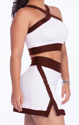 Imagem de Conjunto Beach Tennis Bicolor Tecido leve Canelado Short Saia Cintura Alta Top Em X Com Bojo