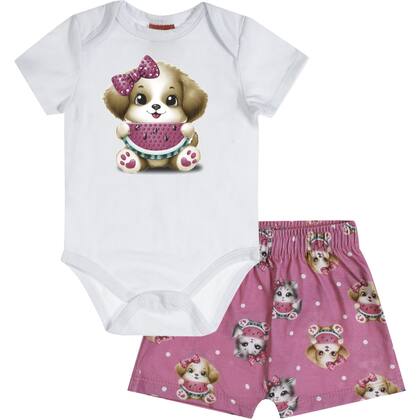 Imagem de Conjunto Bebê Body Branco Cachorrinha Melancia e Short Rosa Kyly