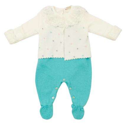 Imagem de Conjunto Bebê em Tricô com Salopete e Casaquinho de Bolinhas