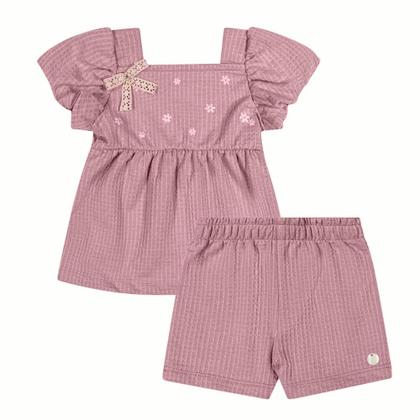 Imagem de Conjunto Bebê Menina Angerô Algodão Blusa Estampa Glitter e Short c/ Detalhe Roxo