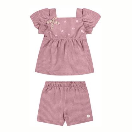 Imagem de Conjunto Bebê Menina Angerô Algodão Blusa Estampa Glitter e Short c/ Detalhe Roxo