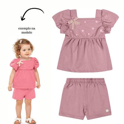 Imagem de Conjunto Bebê Menina Angerô Algodão Blusa Estampa Glitter e Short c/ Detalhe Roxo