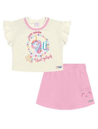 Imagem de Conjunto Bebê Menina Unicórinio Blusa E Short-Saia Natural E Rosa Cinti