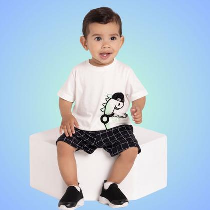 Imagem de Conjunto Bebê Menino Alakazoo Camiseta em Algodão com Estampa de Dinossauro e Bermuda em Moletom em Xadrez